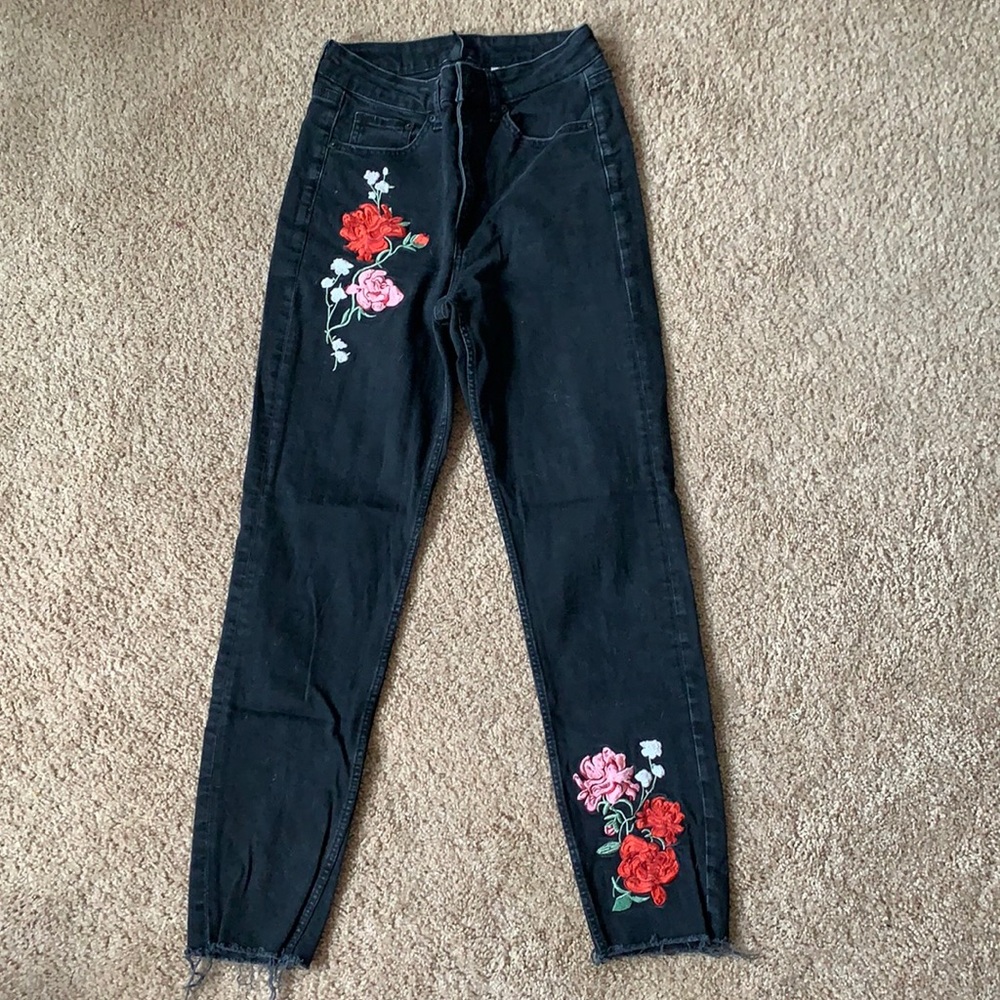 Black denim with rose detail